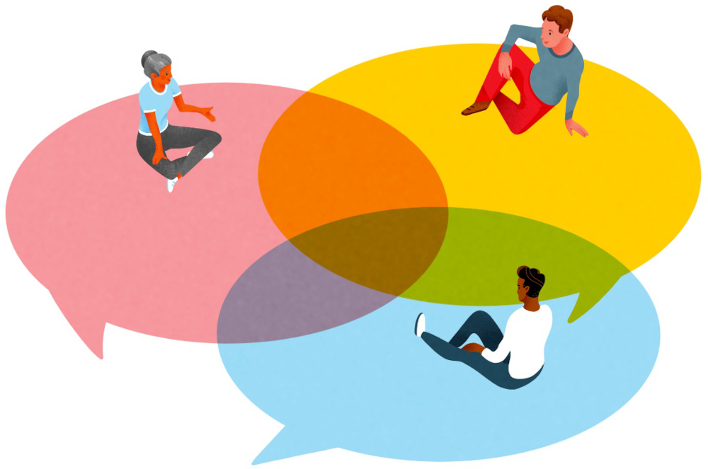 Illustration for sharing viewpoints in education. Three conversation bubbles overlap in a multiply layer like a Venn Diagram, while three teachers sit atop them and talk.